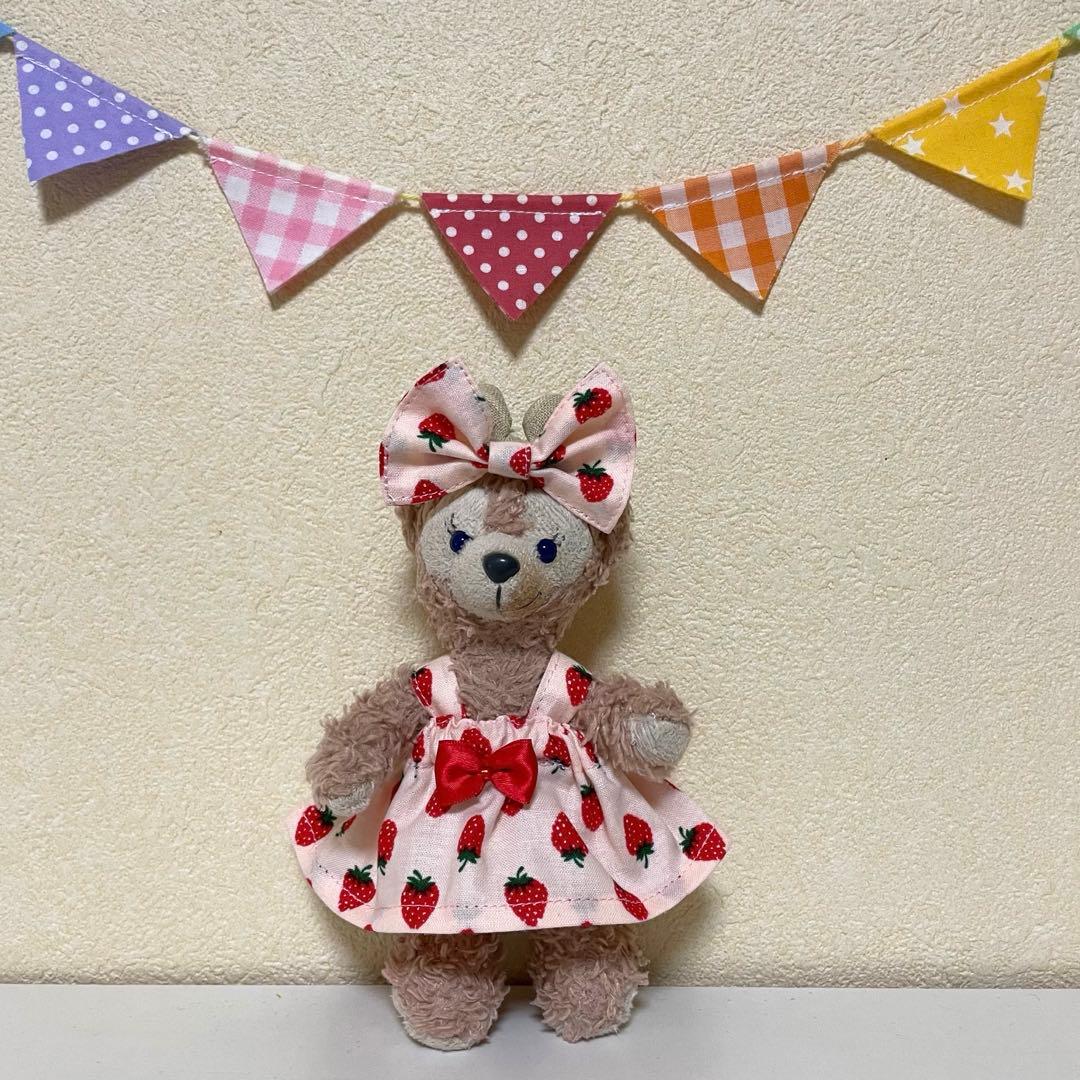 ハンドメイド★ピンク♡いちごプリントワンピース★ぬいば♡ストラップ用コス。