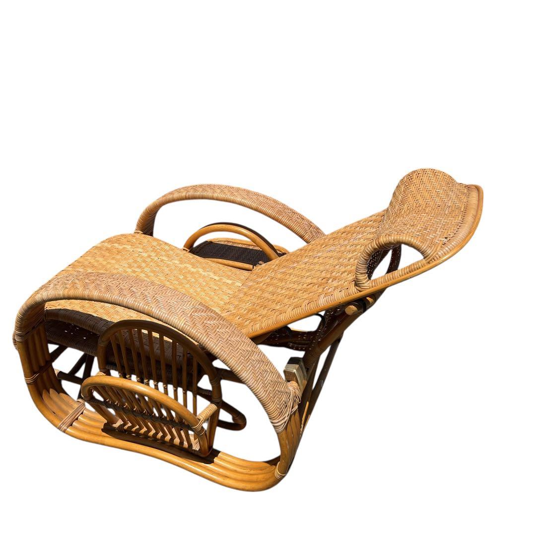 ラタンリクライニングチェア オットマン付き 1人掛けソファー 古家具