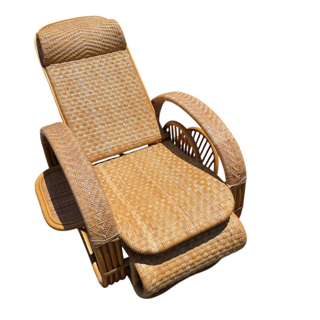 ラタンリクライニングチェア オットマン付き 1人掛けソファー 古家具