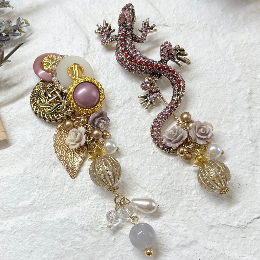 63 ブローチシリーズトカゲさん❶ ハンドメイド　ピアスorイヤリング