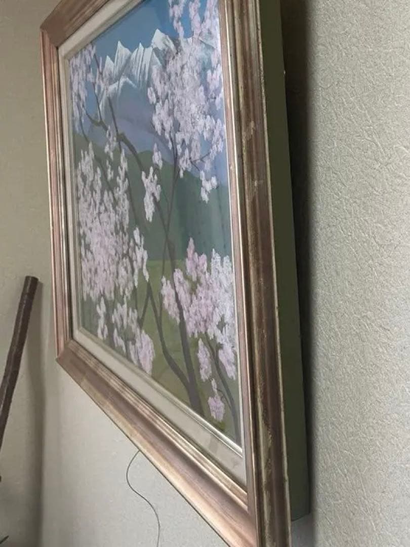 桜と山の風景 油彩画 大きめ額装 58cmx74cm