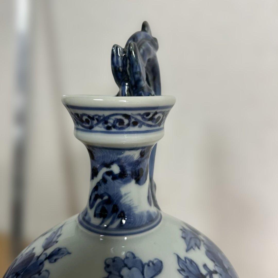 美品　旭窯　龍取手花瓶　染付　壺　花入　瀬戸焼