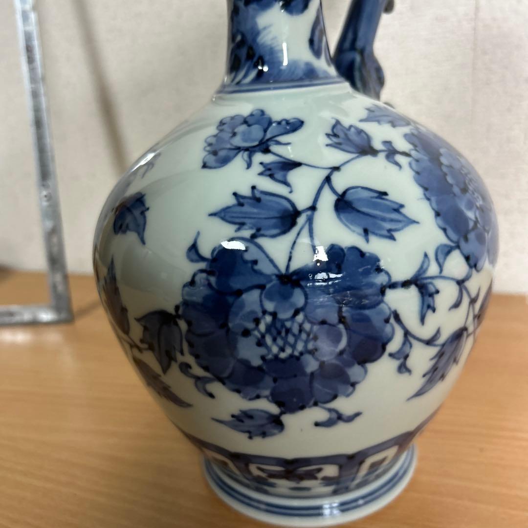美品　旭窯　龍取手花瓶　染付　壺　花入　瀬戸焼