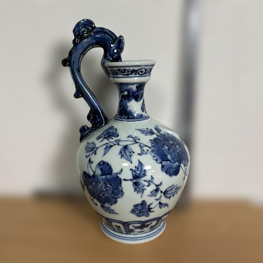 美品　旭窯　龍取手花瓶　染付　壺　花入　瀬戸焼