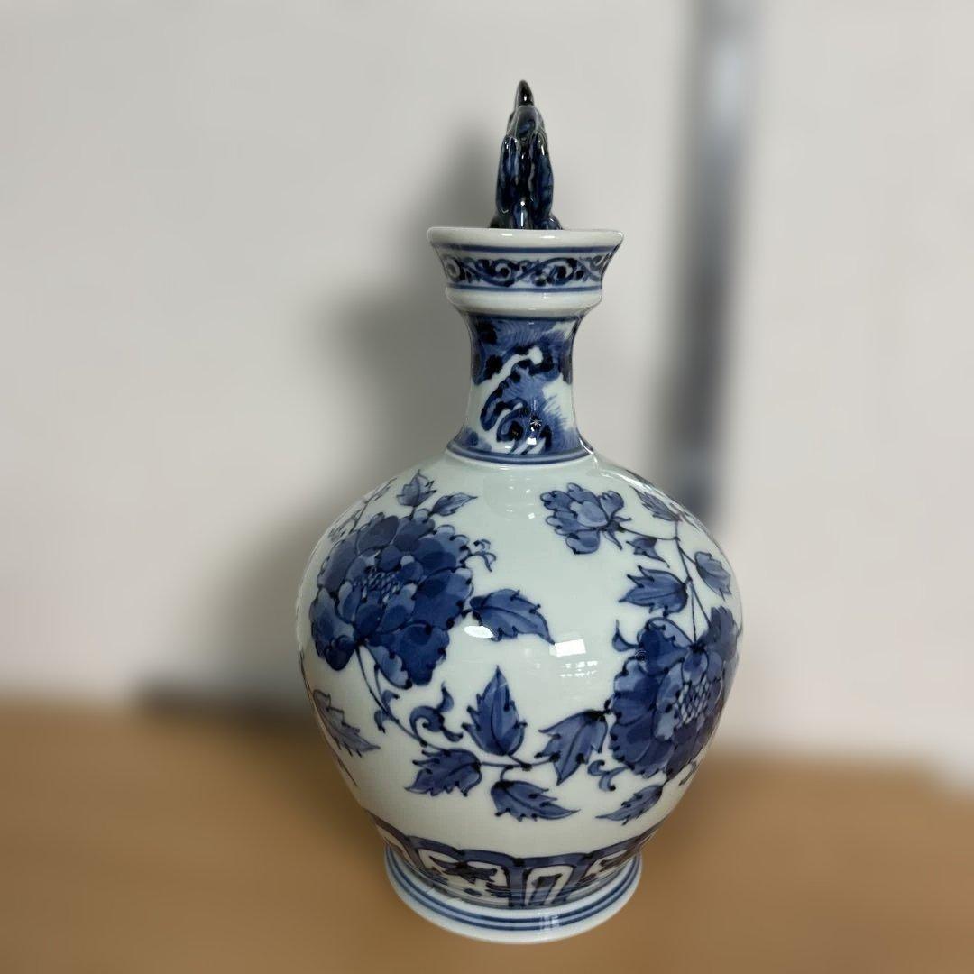 美品　旭窯　龍取手花瓶　染付　壺　花入　瀬戸焼