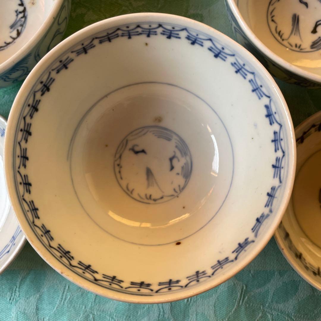 江戸時代　古伊万里　染付　龍　如意宝珠　吉祥紋様　珍品　染付蓋付ご飯茶碗　5客