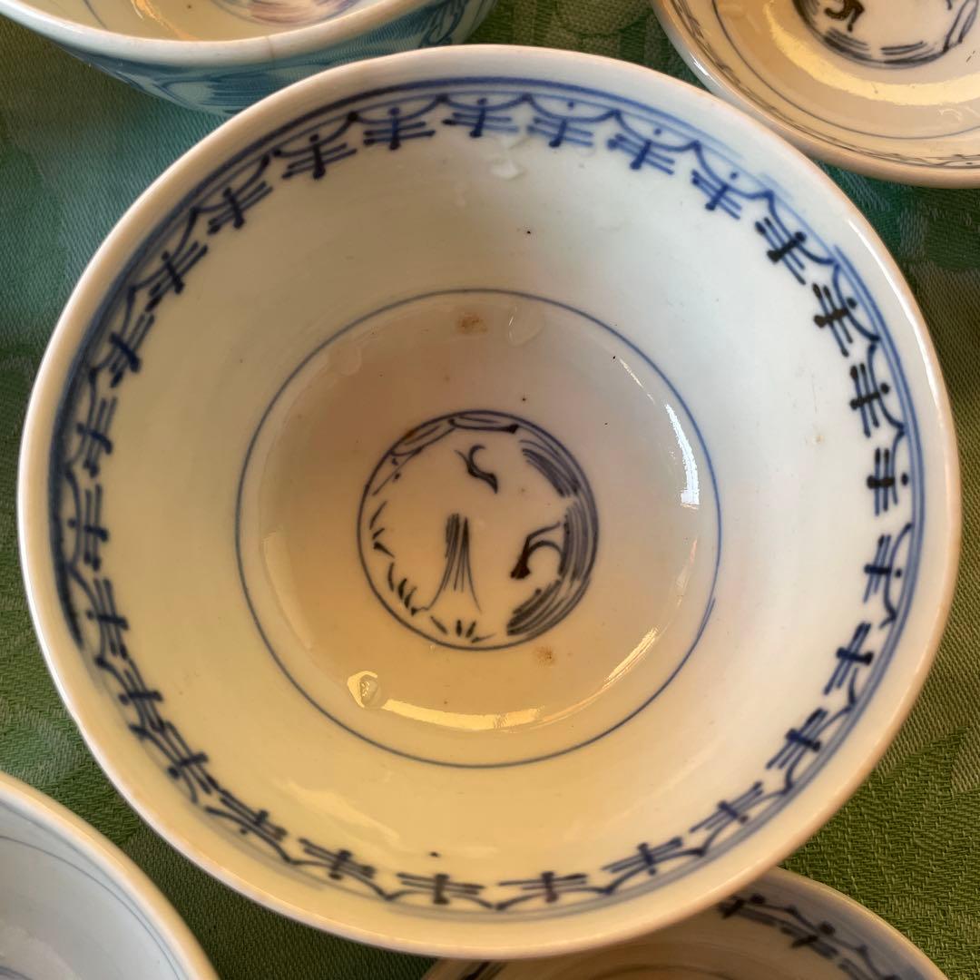 江戸時代　古伊万里　染付　龍　如意宝珠　吉祥紋様　珍品　染付蓋付ご飯茶碗　5客