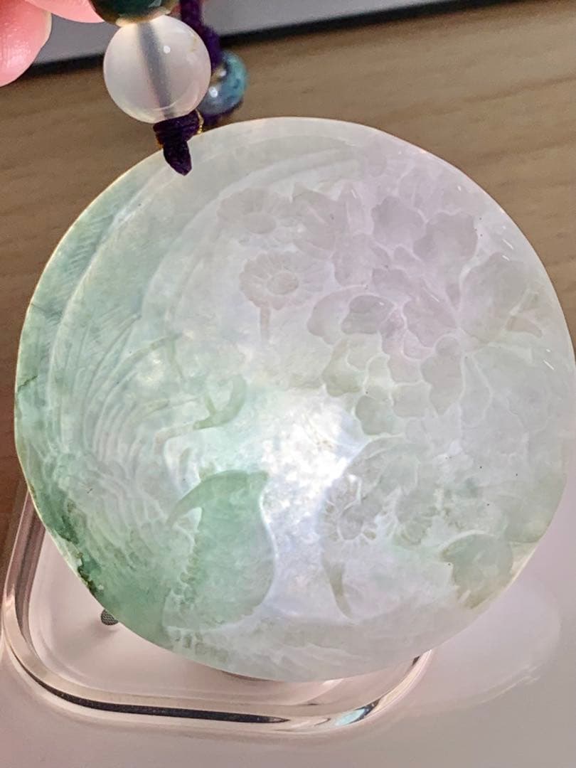 本翡翠　鳳凰牡丹　ストラップ　新品 3096