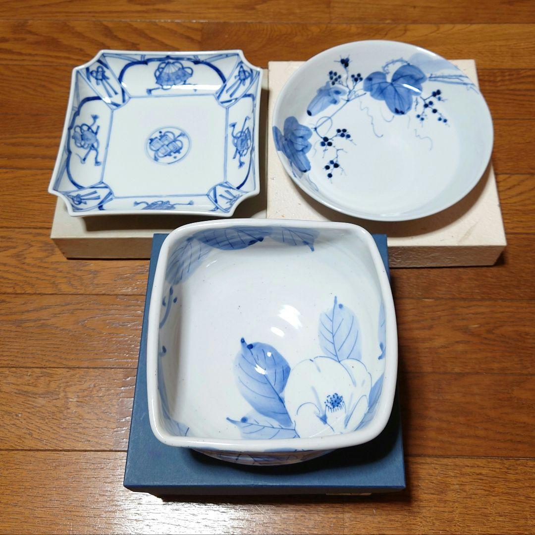 【新品未使用】九谷焼 眉石 安東早苗 香祥 紅椿 鉢 染付け 3個