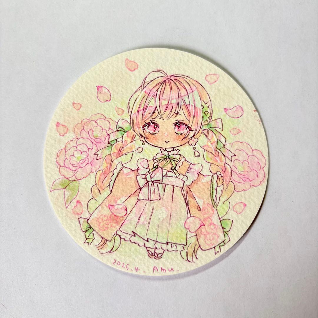 手描きイラスト　ミニ色紙　八重桜