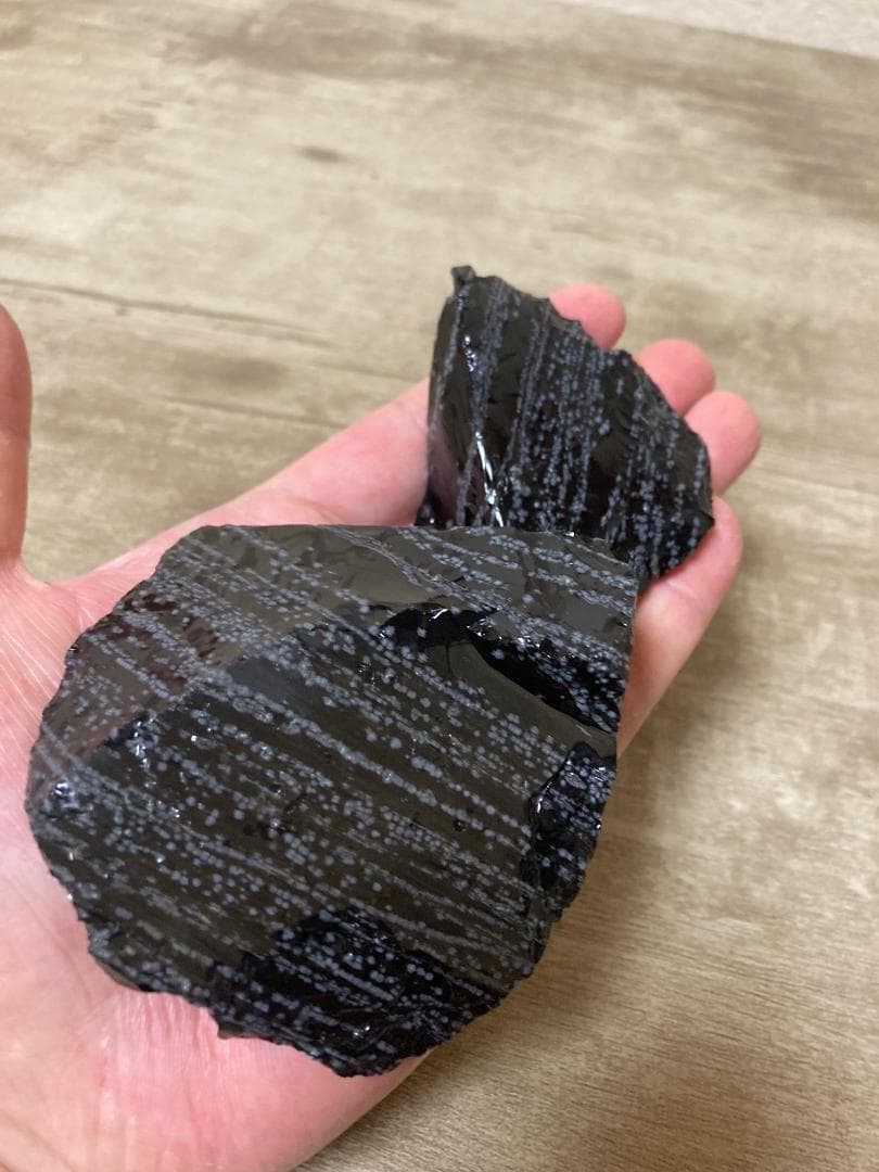 天然オブシディアン石 黒いストライプ　スノーフレーク 原石2個セット 約8cm