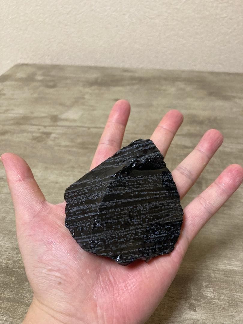 天然オブシディアン石 黒いストライプ　スノーフレーク 原石2個セット 約8cm