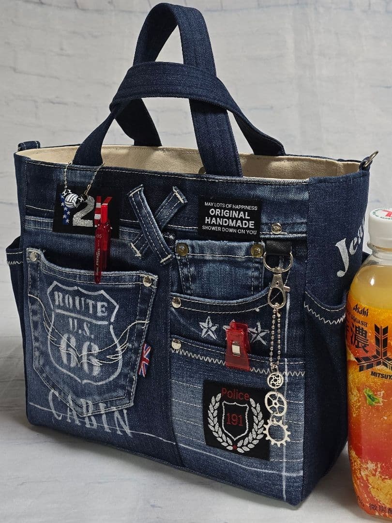 デニムリメイクバッグ お洒落カジュアル 綺麗めブルー ストラップ付き
