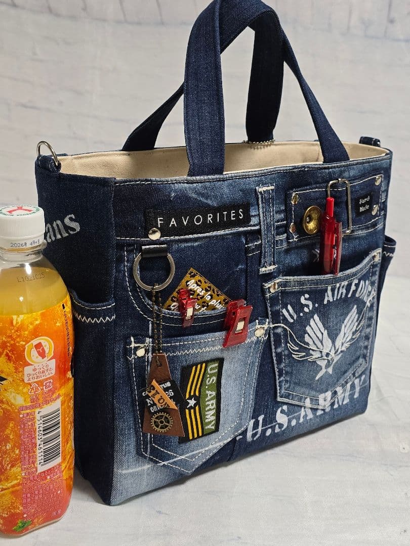 デニムリメイクバッグ お洒落カジュアル 綺麗めブルー ストラップ付き