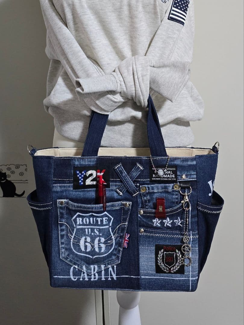 デニムリメイクバッグ お洒落カジュアル 綺麗めブルー ストラップ付き