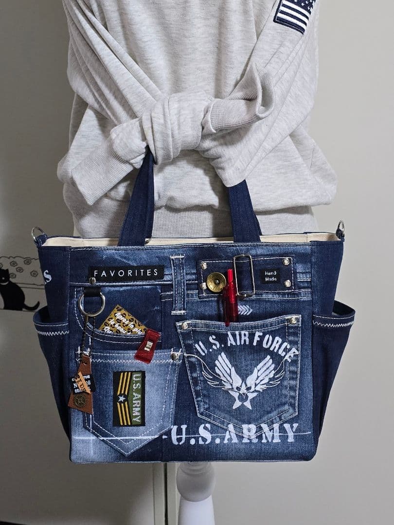 デニムリメイクバッグ お洒落カジュアル 綺麗めブルー ストラップ付き