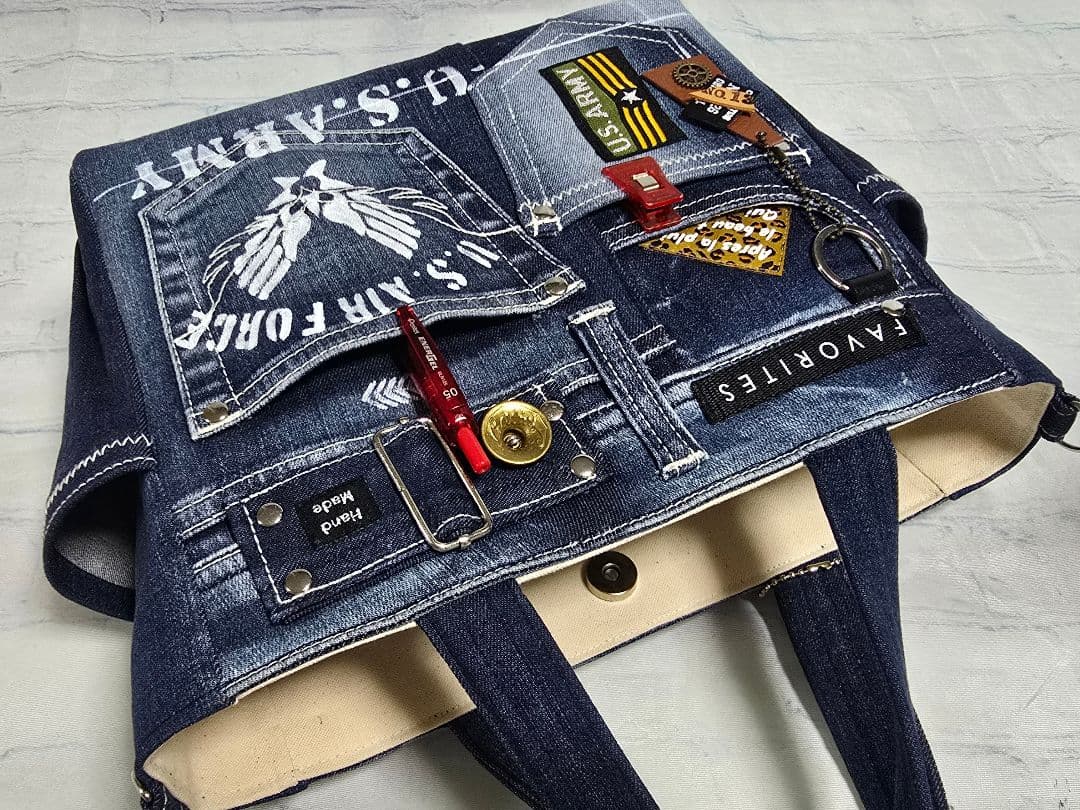 デニムリメイクバッグ お洒落カジュアル 綺麗めブルー ストラップ付き