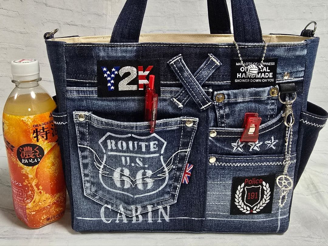 デニムリメイクバッグ お洒落カジュアル 綺麗めブルー ストラップ付き