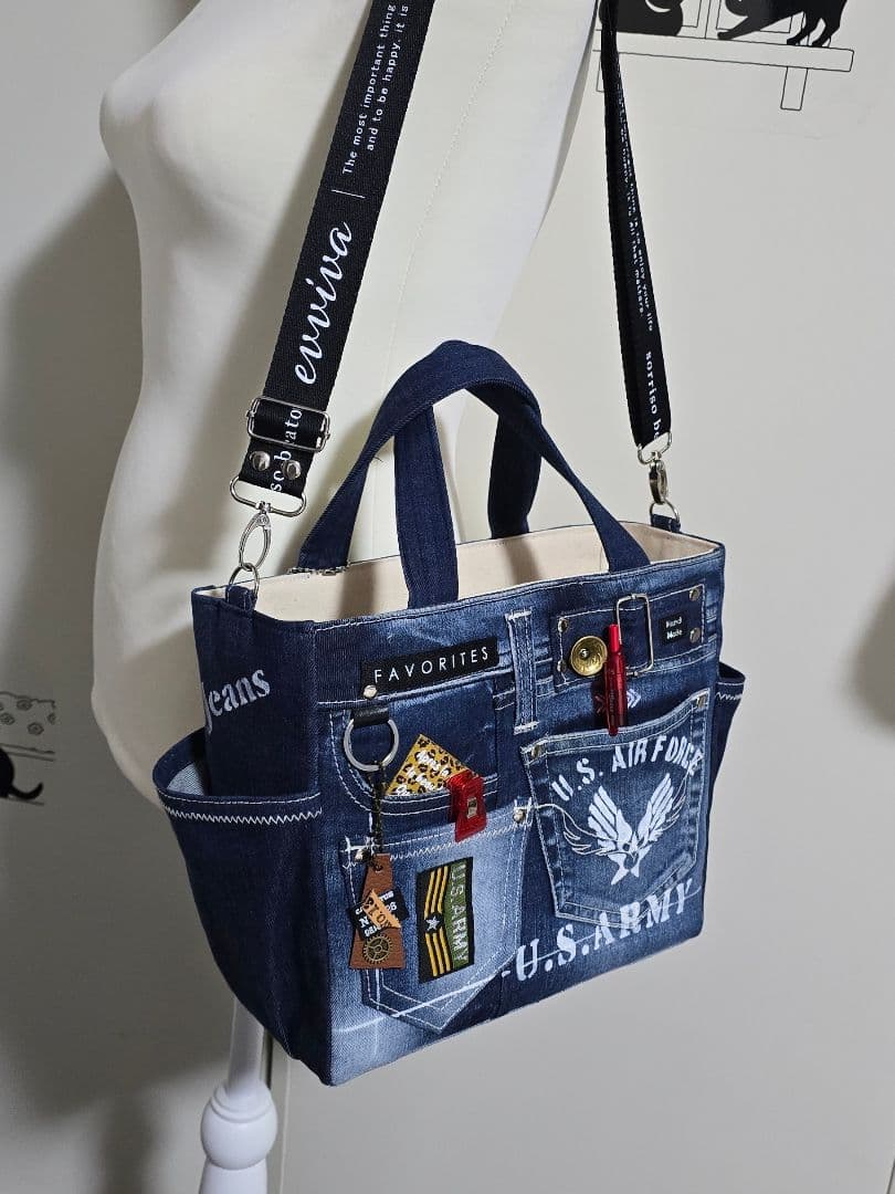 デニムリメイクバッグ お洒落カジュアル 綺麗めブルー ストラップ付き