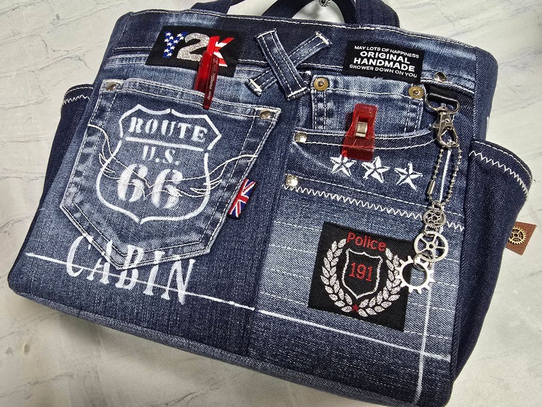 デニムリメイクバッグ お洒落カジュアル 綺麗めブルー ストラップ付き
