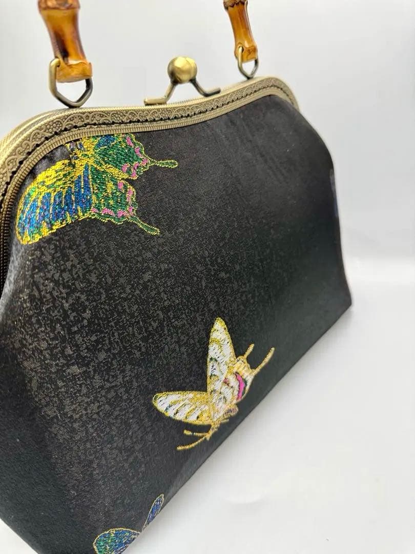 ハンドメイド　バンブー 持ち手大きながま口和装バッグ 2点セット　#539