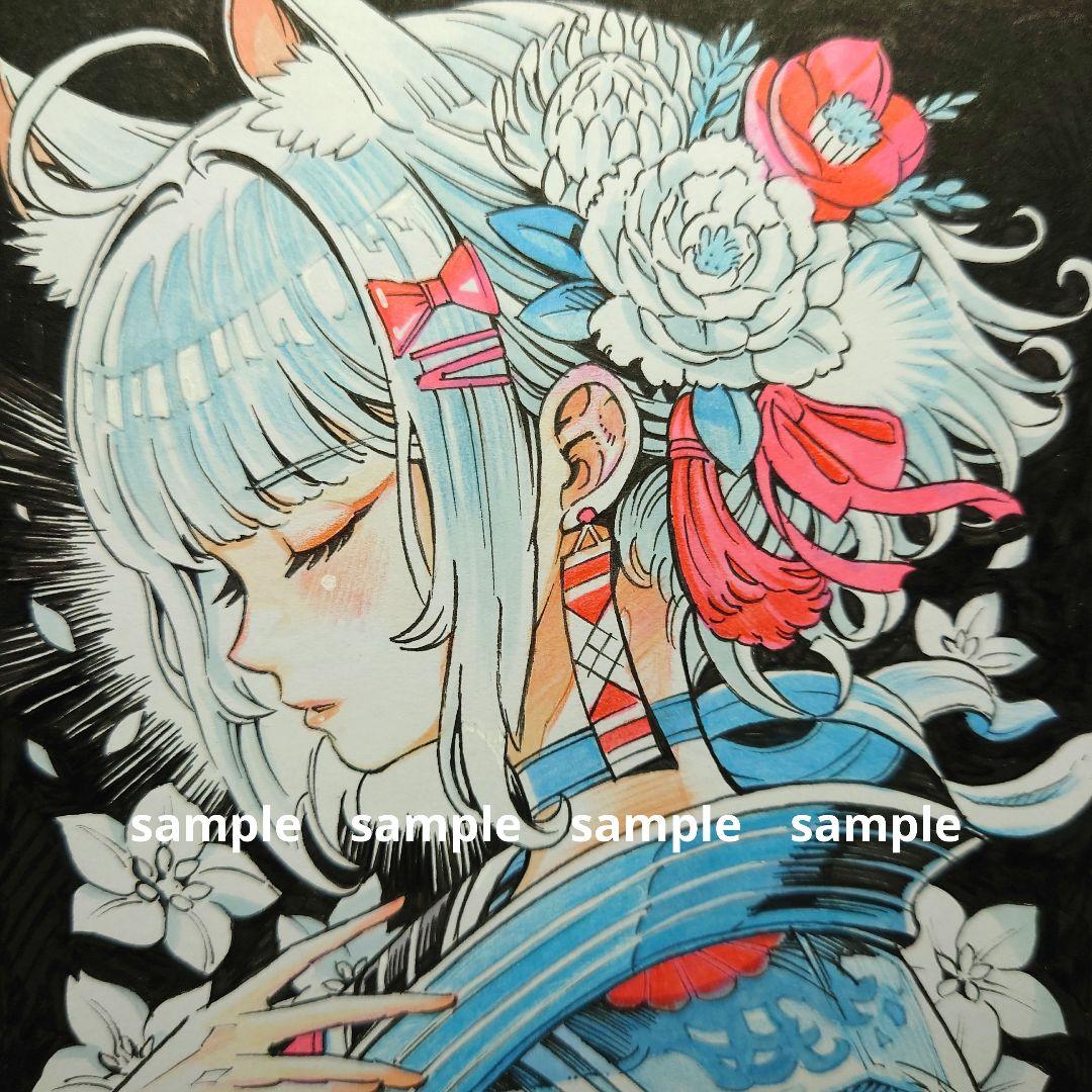 【手描きイラスト 272】オリジナル原画色紙 和服 猫耳娘「白猫娘の胸のうち」
