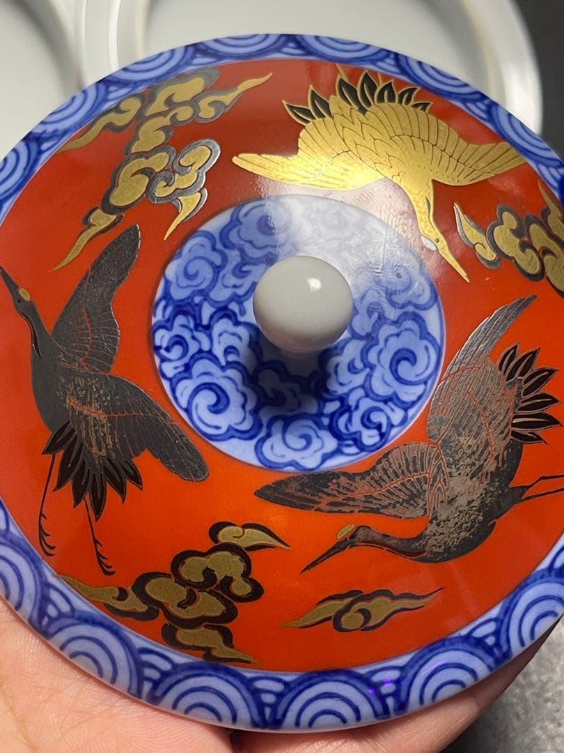 深川製磁 宮内庁御用達 美術有田焼 染錦手波鶴紋 茶器揃 急須と湯呑み