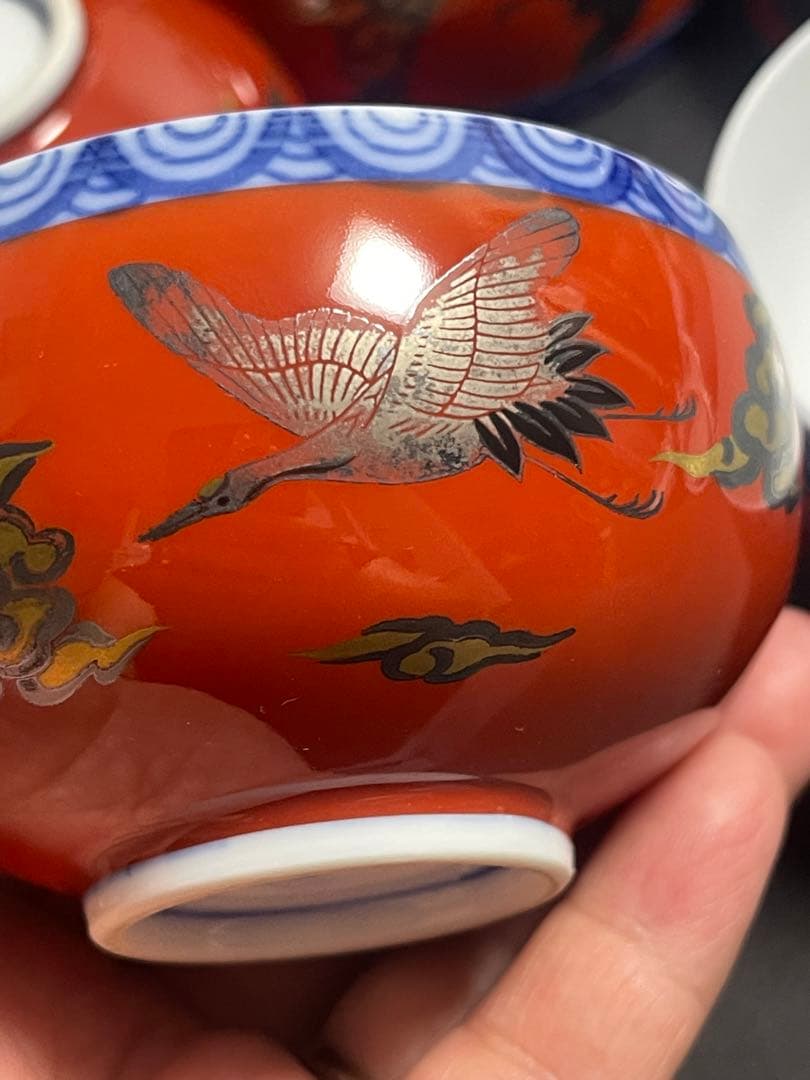 深川製磁 宮内庁御用達 美術有田焼 染錦手波鶴紋 茶器揃 急須と湯呑み