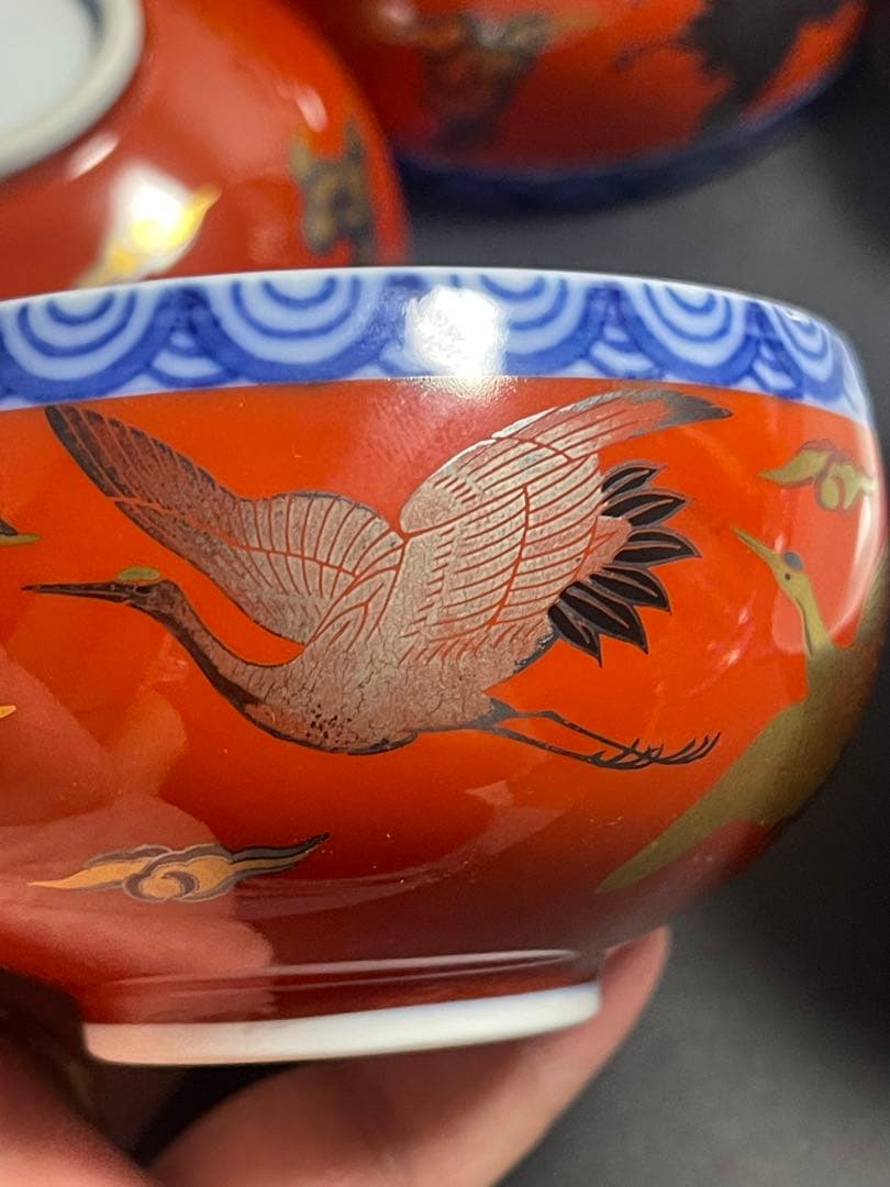 深川製磁 宮内庁御用達 美術有田焼 染錦手波鶴紋 茶器揃 急須と湯呑み