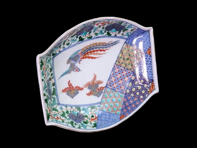 大聖寺伊万里　桐に鳳凰　唐草に石畳紋　舟形変形皿　N1717AS-DCy