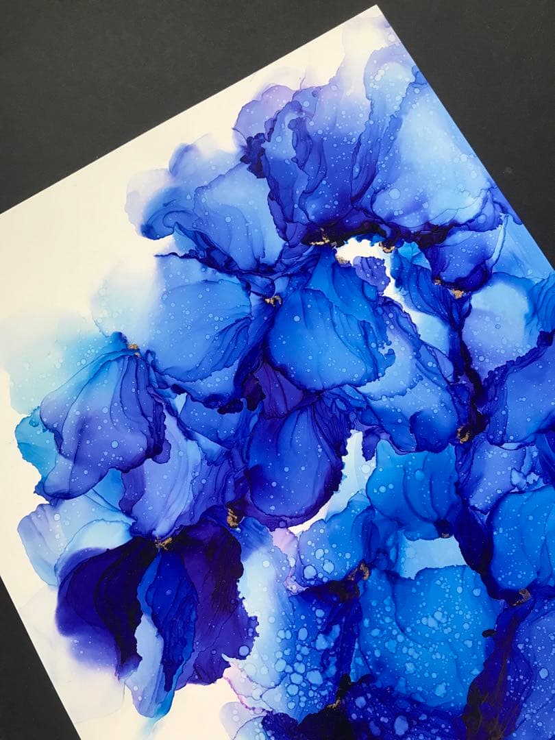 フラワーアート　インテリア　A4 原画　青　瑠璃色　アルコールインクアート