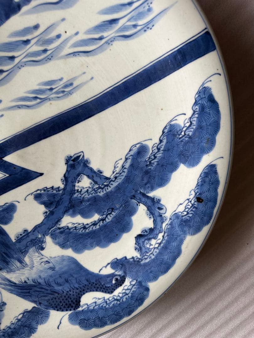 古伊万里焼 染付魚鳥図 大皿 染付 直径約46cm 古美術