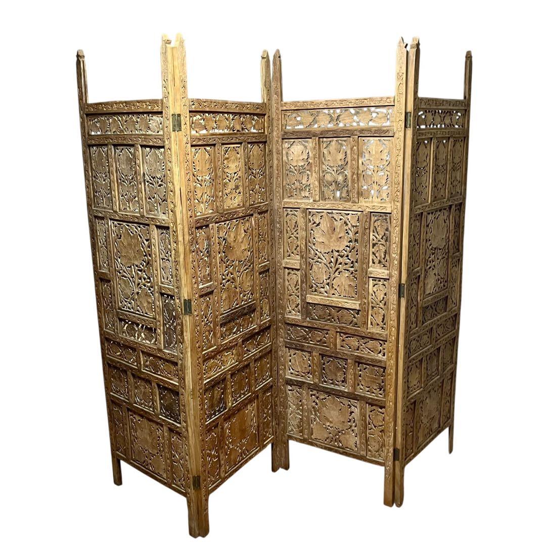 アジアンビンテージ 木製 透かし彫り 4連パーテーション 間仕切り 家具