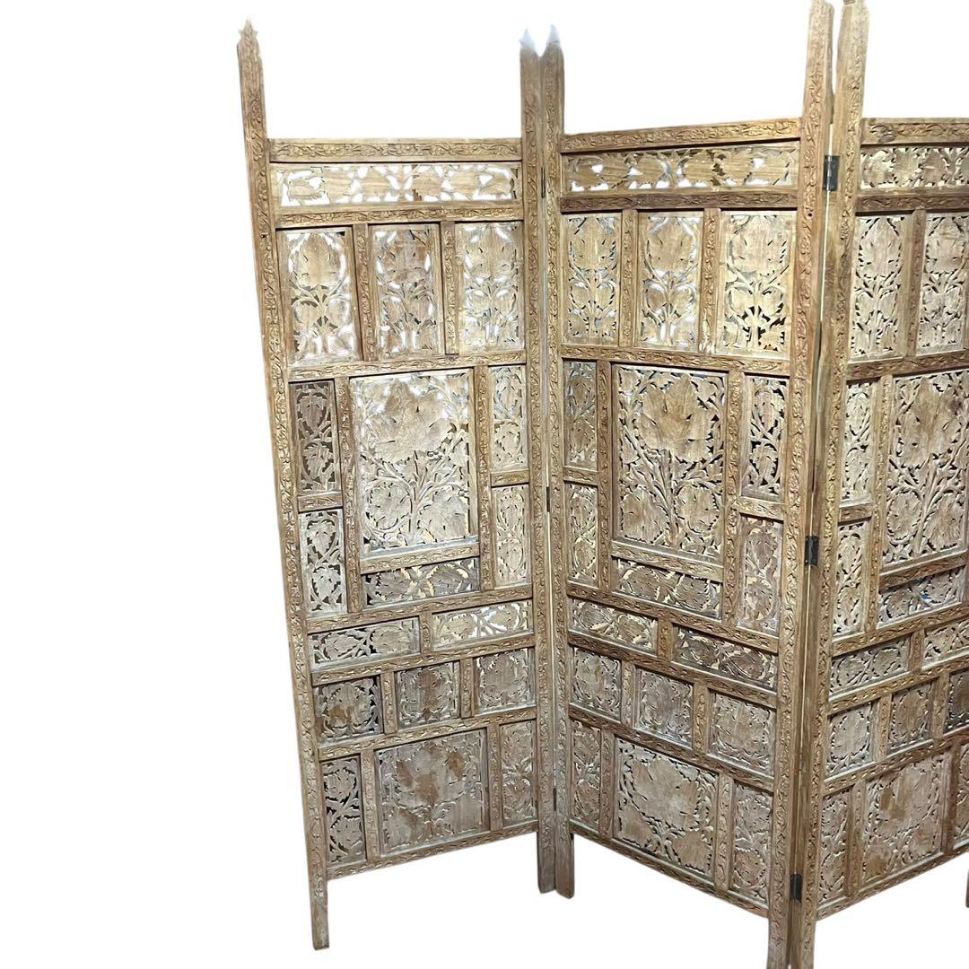 アジアンビンテージ 木製 透かし彫り 4連パーテーション 間仕切り 家具