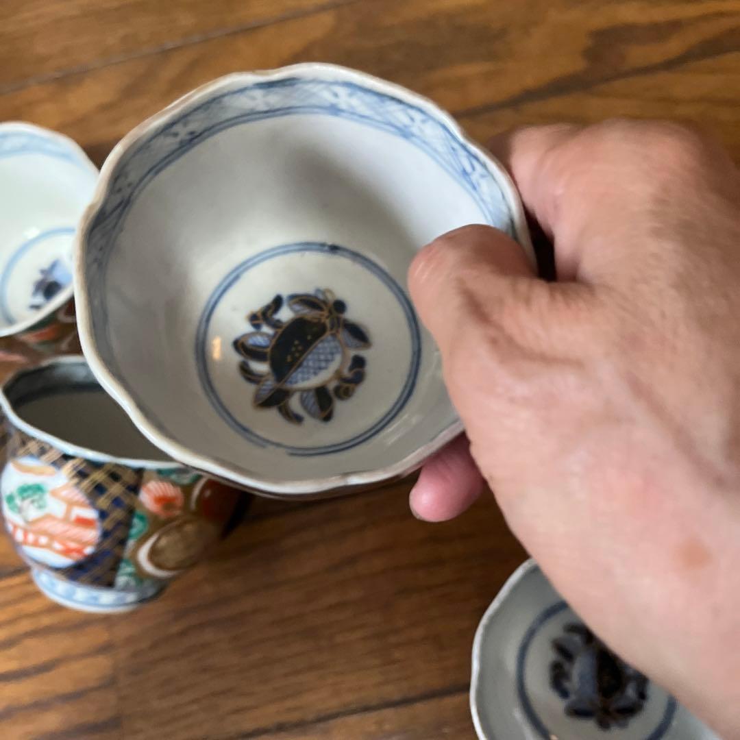 期間限定最終処分特価　古伊万里色絵レア蕎麦猪口五客セット　完品　素敵なインテリア