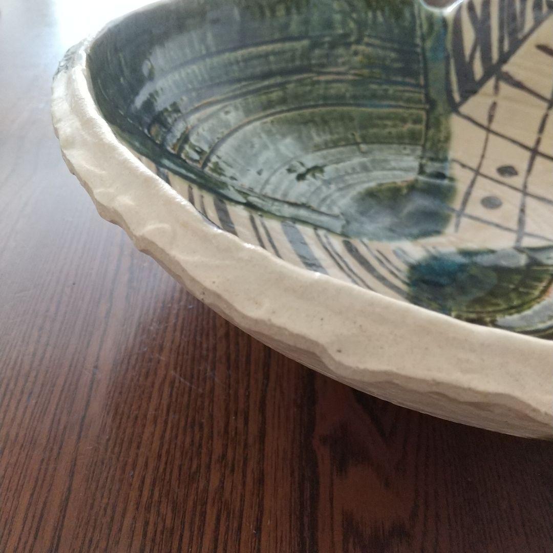 大皿　大鉢　織部焼　美濃焼　手書き絵皿　　作家銘入り