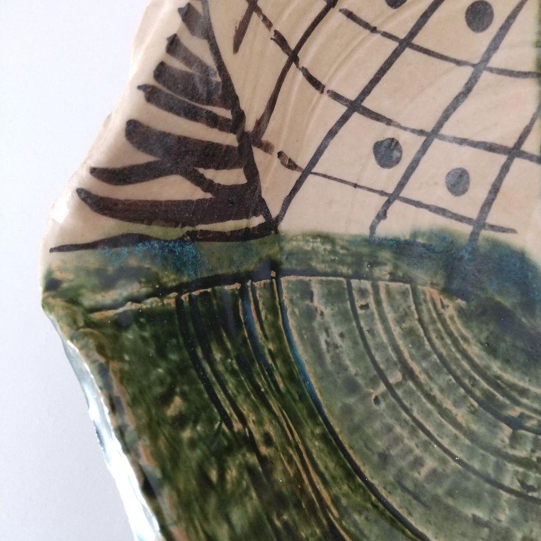 大皿　大鉢　織部焼　美濃焼　手書き絵皿　　作家銘入り