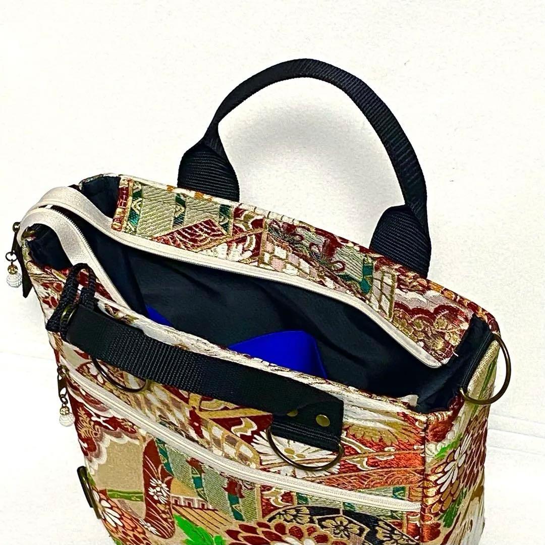 394 帯リメイク　はばたく二羽の鶴のBOX型3wayバッグ　匿名配送