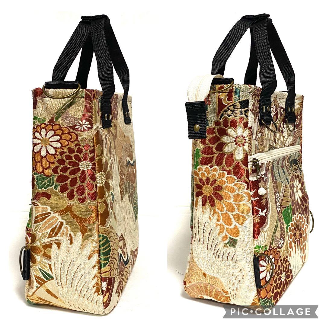 394 帯リメイク　はばたく二羽の鶴のBOX型3wayバッグ　匿名配送
