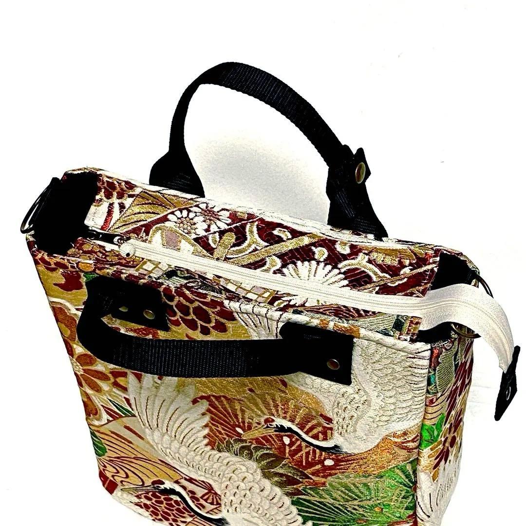 394 帯リメイク　はばたく二羽の鶴のBOX型3wayバッグ　匿名配送