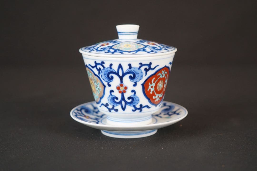 有田焼 肥前皿山 幸右衛門 作 染錦 唐花画 台付 蒸碗5客 共箱 懐石料理道具