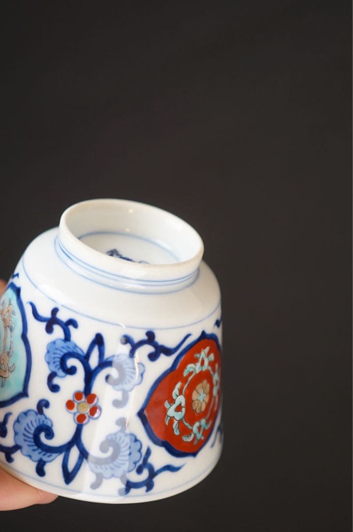 有田焼 肥前皿山 幸右衛門 作 染錦 唐花画 台付 蒸碗5客 共箱 懐石料理道具