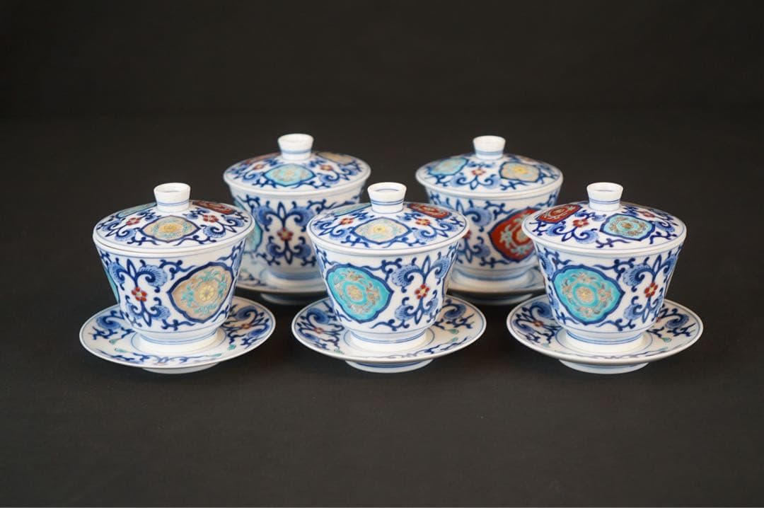 有田焼 肥前皿山 幸右衛門 作 染錦 唐花画 台付 蒸碗5客 共箱 懐石料理道具