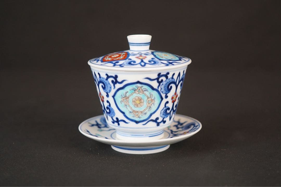 有田焼 肥前皿山 幸右衛門 作 染錦 唐花画 台付 蒸碗5客 共箱 懐石料理道具