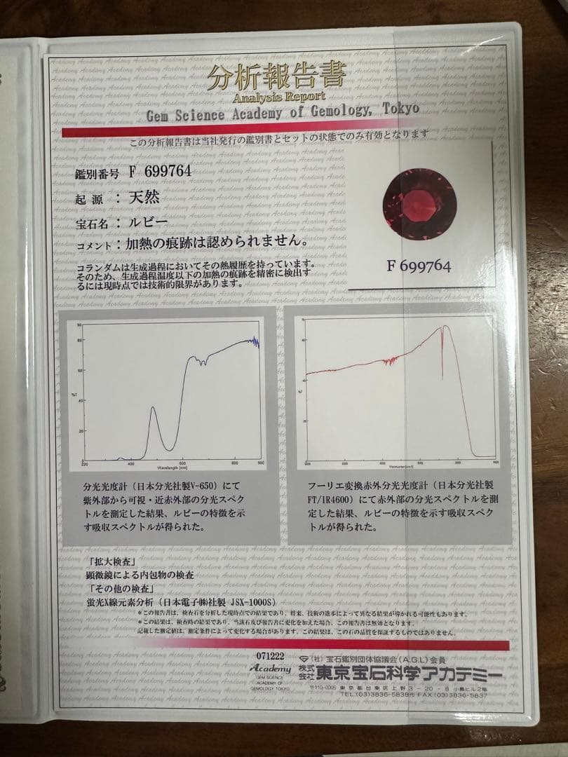 天然ルビールース 非加熱 ピジョンブラッド 0.749cts 鑑別書２種付き