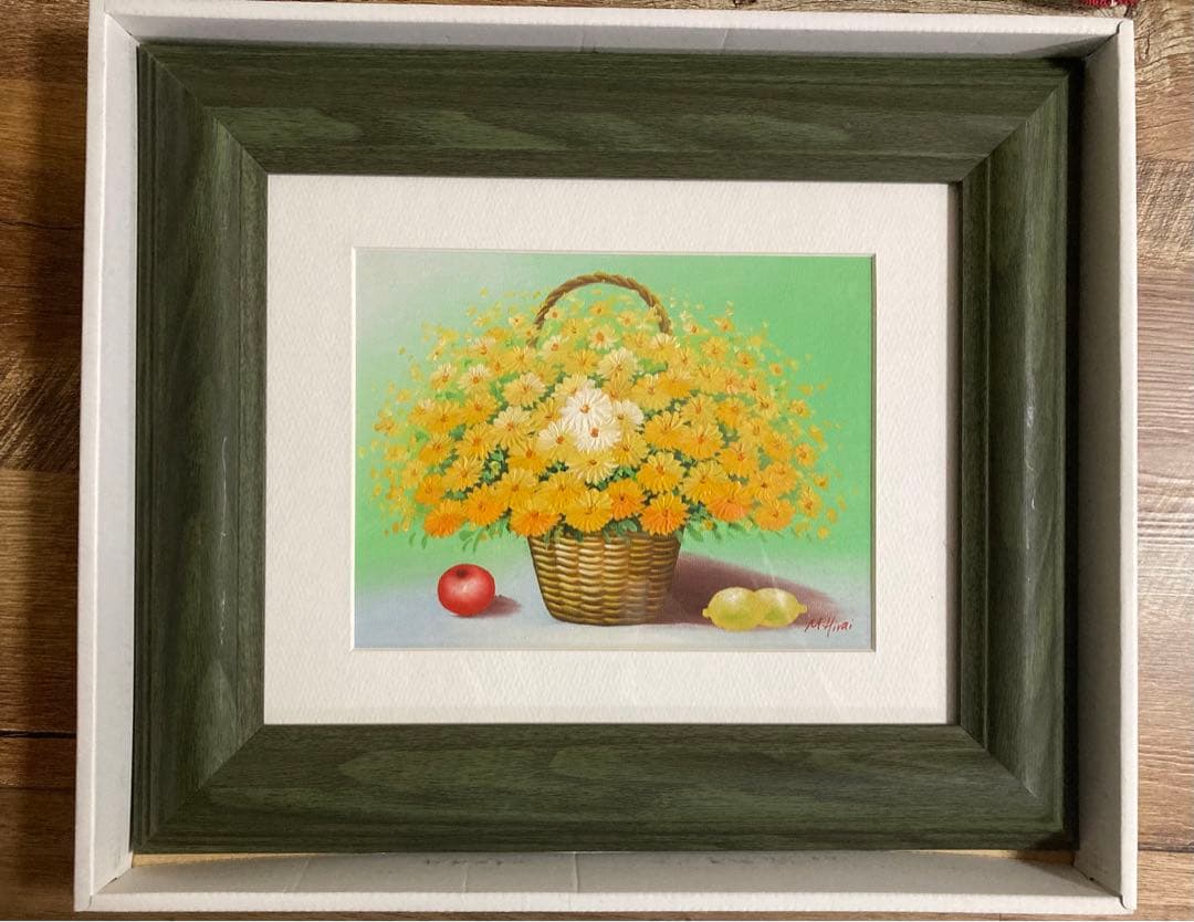 平井舞　M.Hrai 絵画　油絵　花　専用額縁付き　花かご黄色S