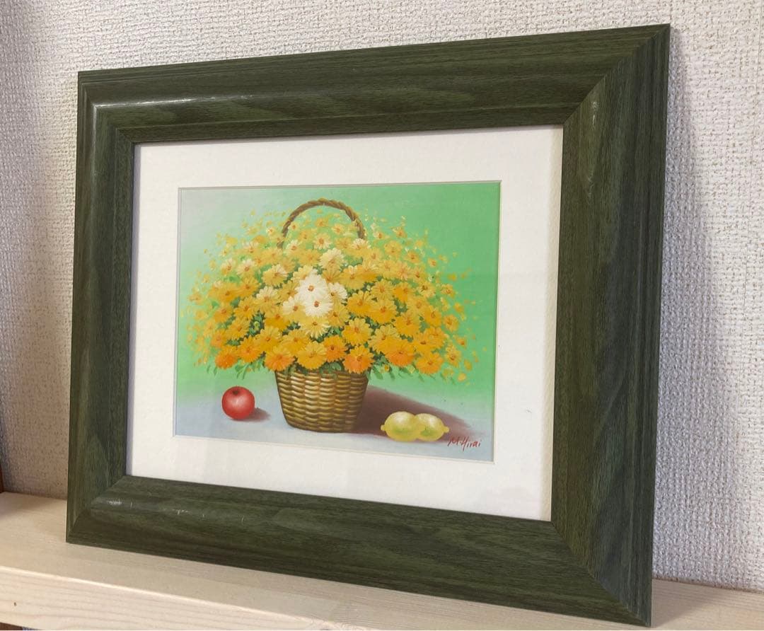 平井舞　M.Hrai 絵画　油絵　花　専用額縁付き　花かご黄色S