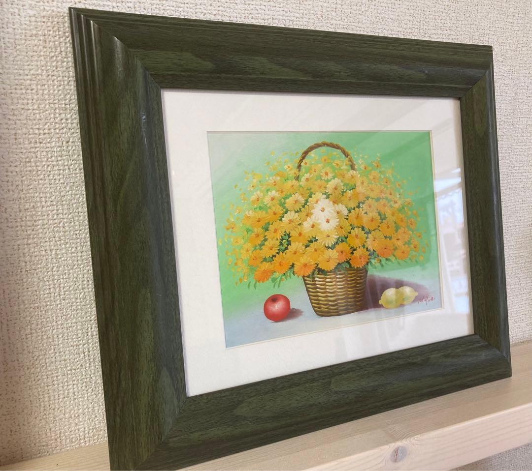 平井舞　M.Hrai 絵画　油絵　花　専用額縁付き　花かご黄色S