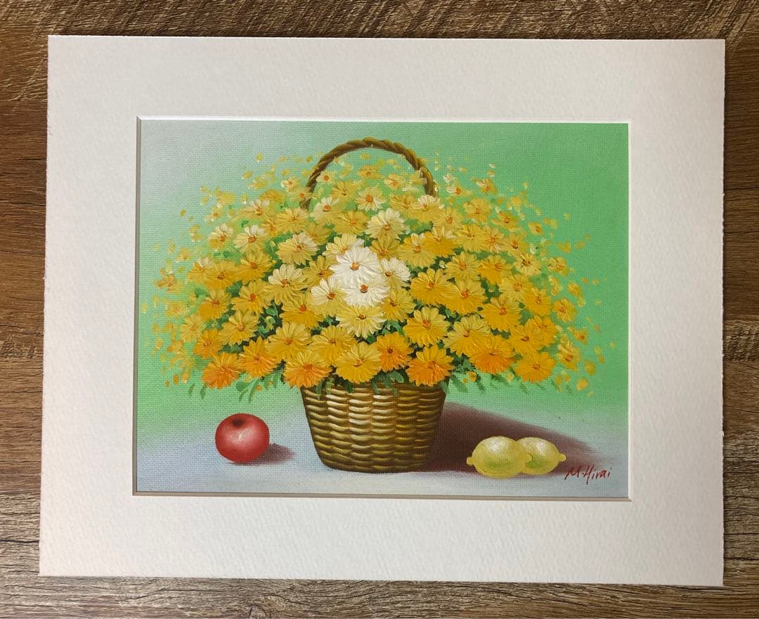 平井舞　M.Hrai 絵画　油絵　花　専用額縁付き　花かご黄色S