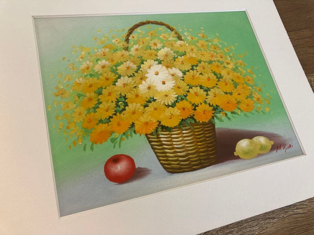 平井舞　M.Hrai 絵画　油絵　花　専用額縁付き　花かご黄色S